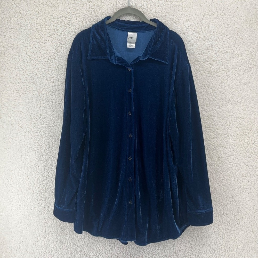 JMS Blue Velvet Button Up Shirt Women's 2X 18W/20W Long Sleeve Top Velour Soft